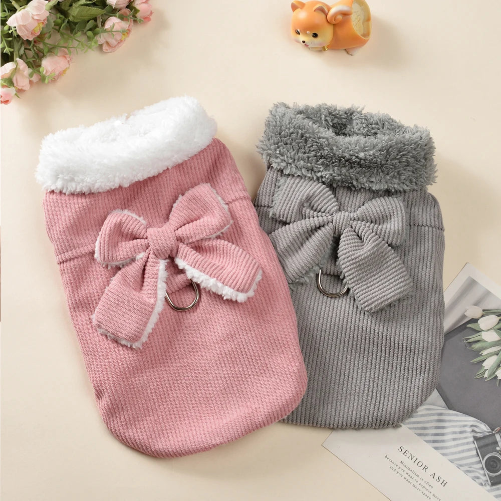 Winter Pet Clothes Cozy Thicken Fleece Solid Kitten Sweater For Small Cats Dogs Cute Bow Jacket Coat With D-Ring Sphynx Costume