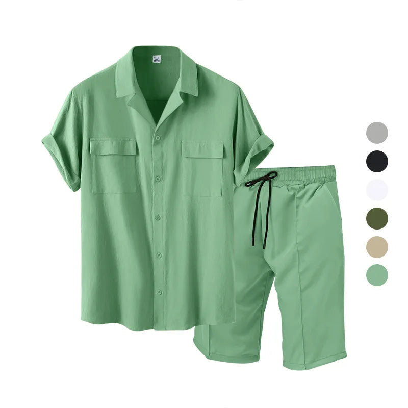 Casual Fashion Men's Suit Summer Beach Style Solid Color Men's Shirt Short Sleeve and Shorts Two-Piece Set Men's Clothing