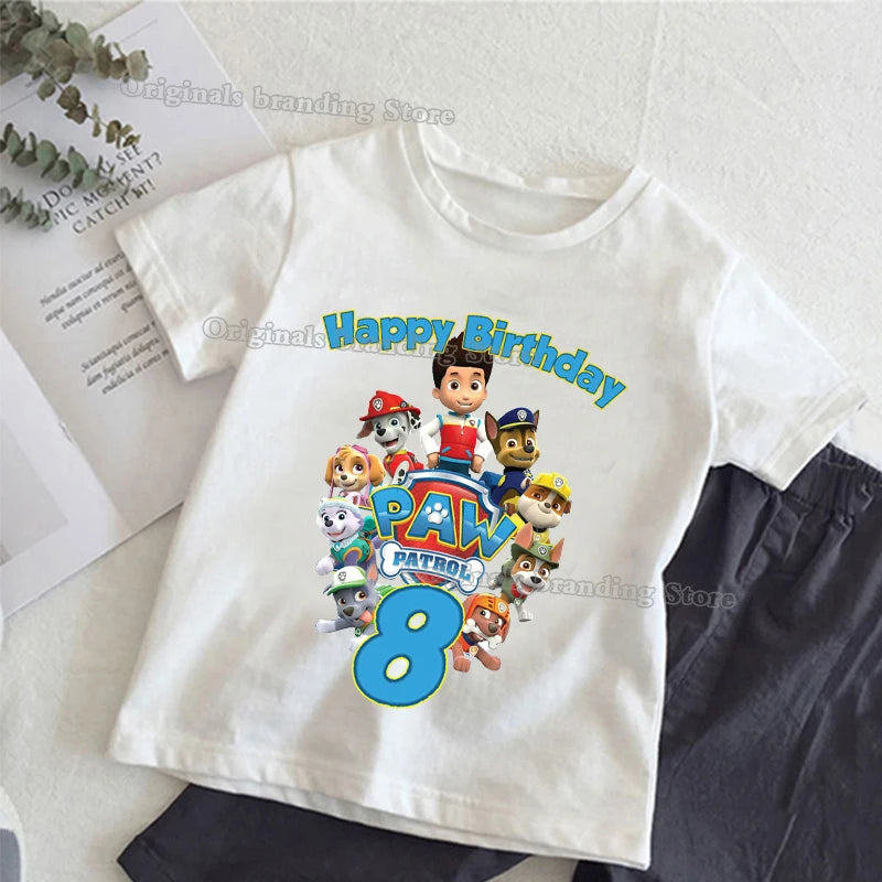 Paw Patrols Kids T-shirt Cute Summer Cotton Pullover Birthday Number Top Kawaii Boy Girl Chase Skye Printed Casual Clothes Gifts