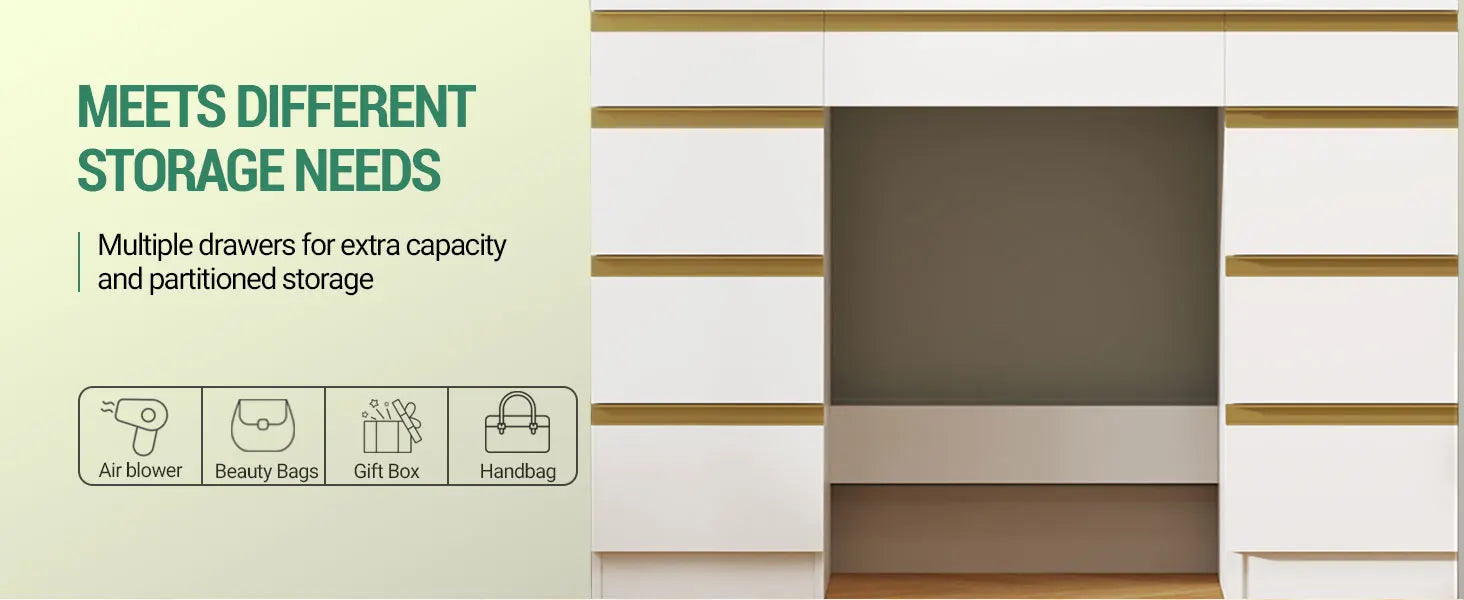 Hzuaneri Coiffeuse avec 10 boules lumineuses LED, luminosité réglable, grand miroir HD, 1 grand tiroir et 8 petits armoires à tiroirs