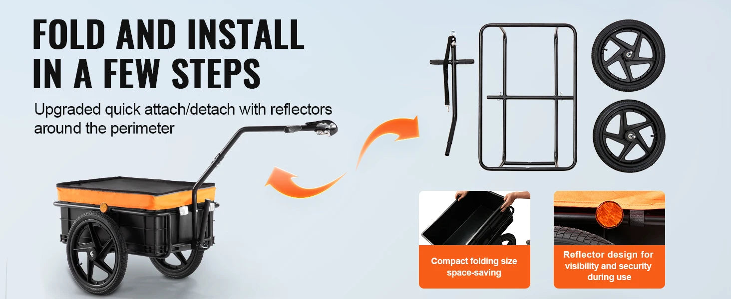 SucceBuy 88Lbs Bike Cargo Trailer Bicycle Wagon Cart Foldable Storage with 16" Wheels & Safe Reflectors Fits 24"-28" Bike Wheels