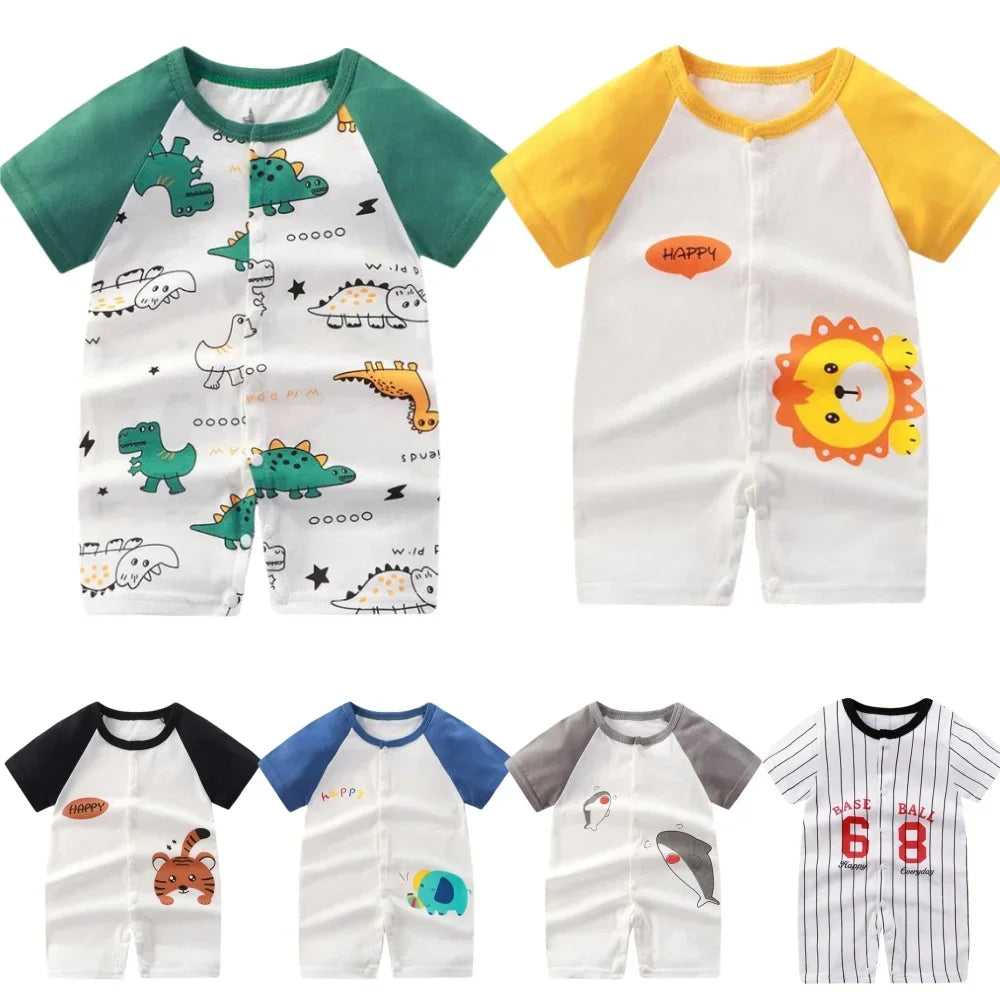 Summer Newborn Clothes Cute Cartoon Dinosaur Tiger Shark Lion Print Comfortable Baby Boys Girl 0-18Month Short Sleeved Jumpsuit