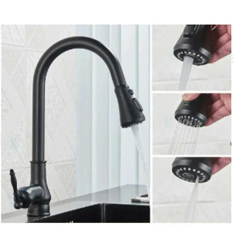Antique Brass Kitchen Faucet Pull Out Spout Kitchen Faucets Black Single Hole Swivel Hot Cold Water Kitchen Mixers Taps