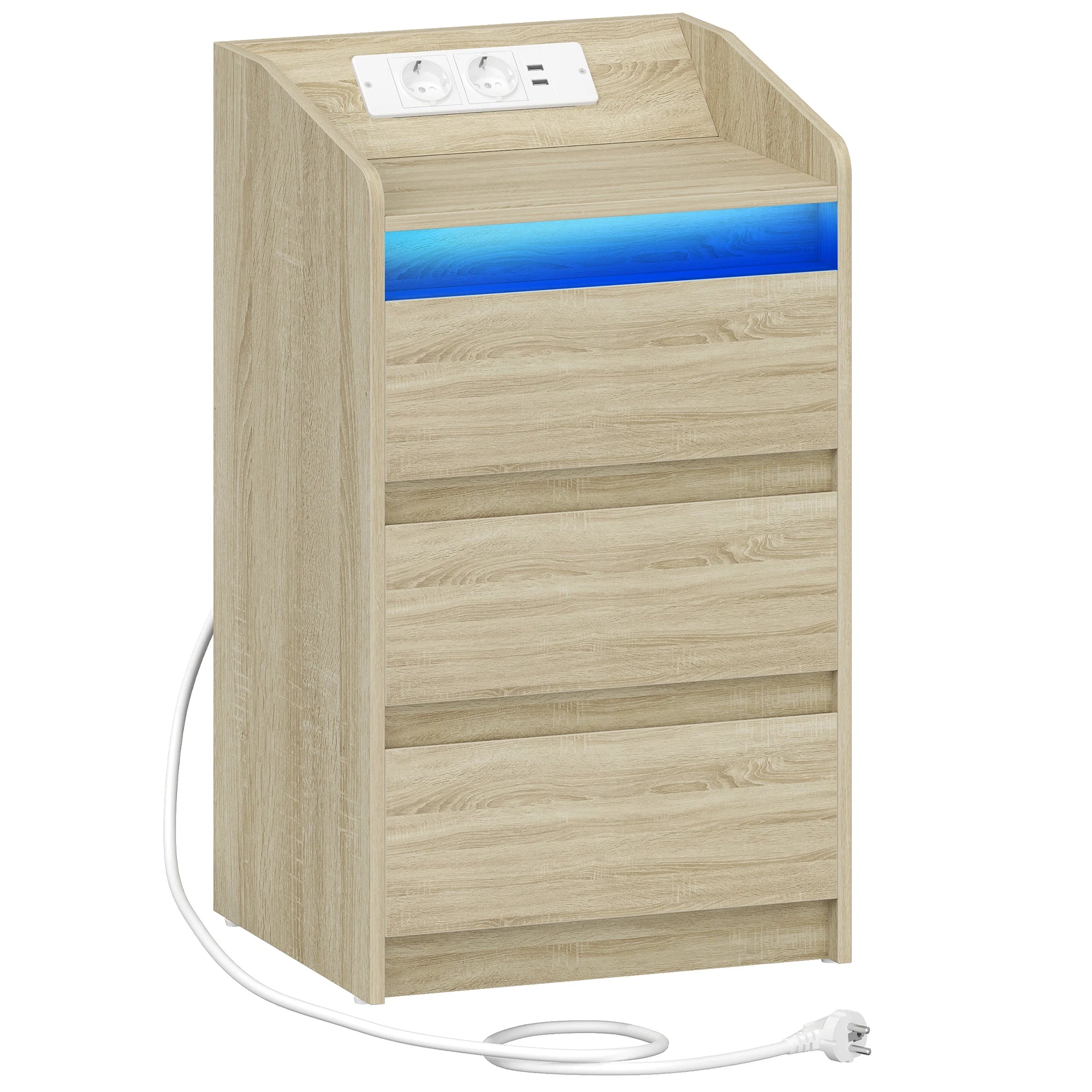 Hzuaneri Table de chevet avec 3 tiroirs, table d'appoint avec station de recharge et LED, 2 prises CA et 2 ports USB pour le salon