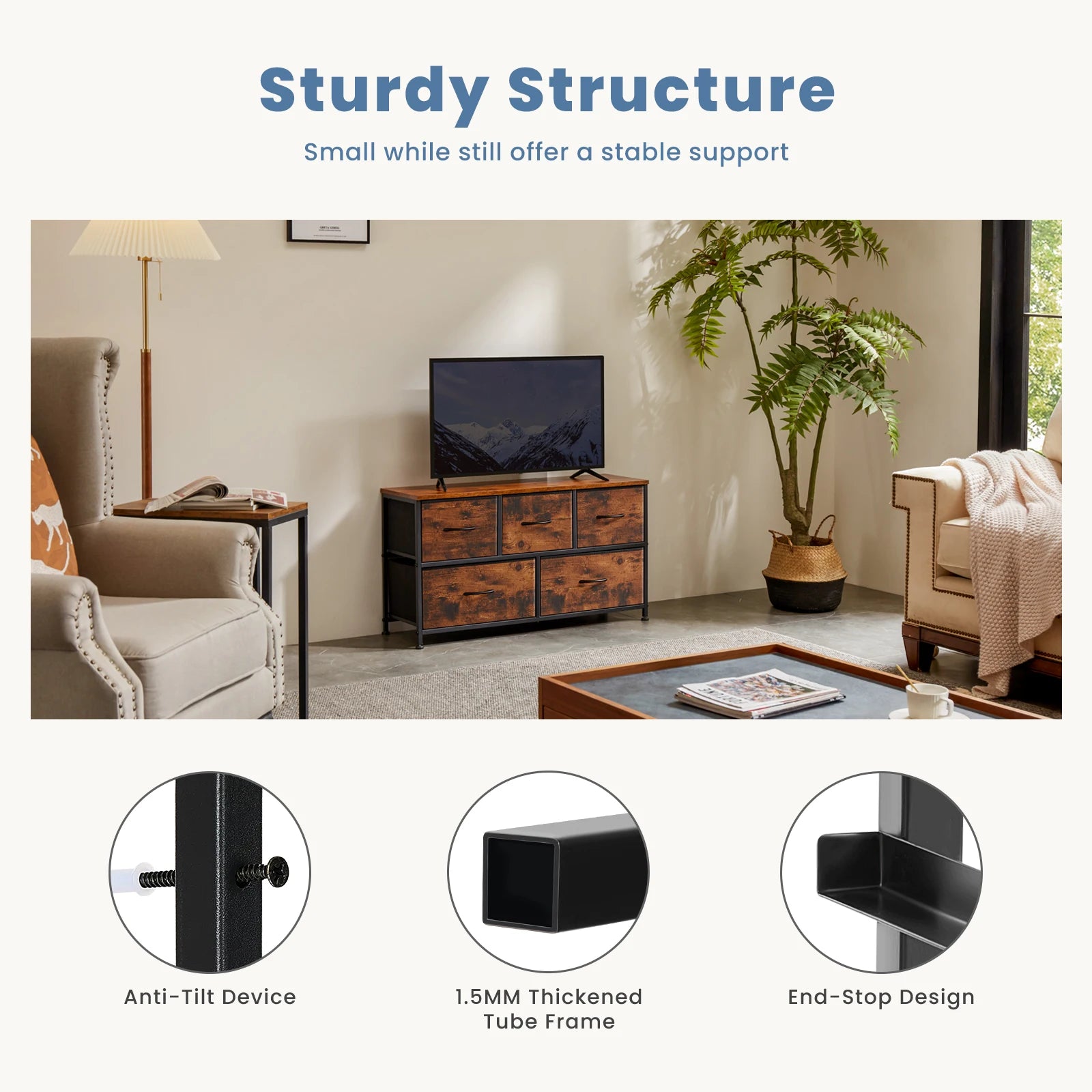 JHK salon vitrine couches avec 5 tiroirs en tissu armoire cadre en acier assemblage placard pour vêtements rangement commode