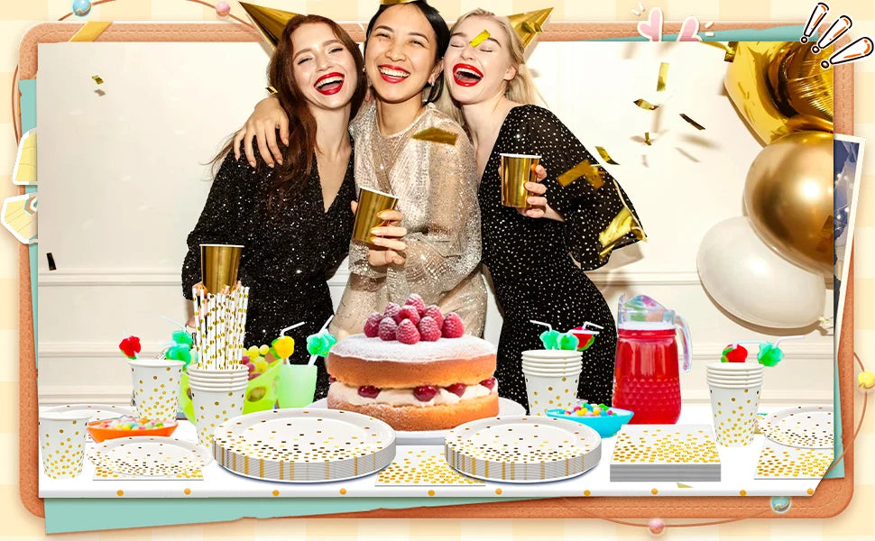 White And Gold Party Supplies 121pcs Golden Dot Disposable Party Dinnerware Set - White and Gold Party Paper Plates Cups Napkins