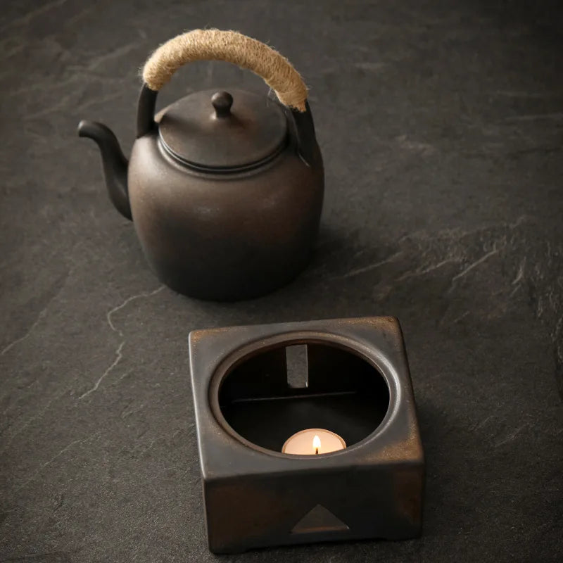 Vintage Ceramic Coffeepot Coarse Pottery Baking With Stove Warmer Teapot With Candle Stand for Tea Party and Meeting