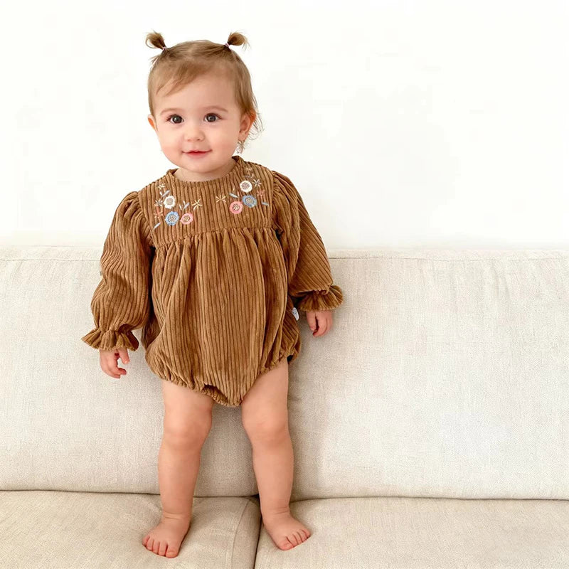 Autumn Baby Girl Clothing Spring Toddler Baby Girl Corduroy Romper Newborn Baby Girl Long Sleeve Embroidered Flowers Jumpsuit