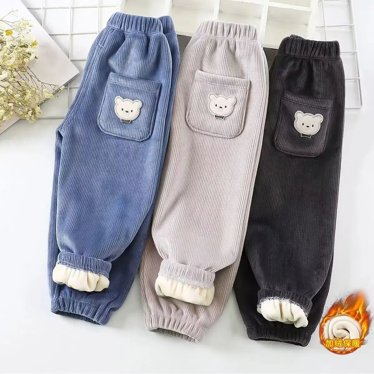 1pcs Boy Girl Winter Velvet Corduroy Kids Pants Little Bear Cartoon Mid Waist Warm Pantalones Baggy Thick Plush Children Trouser
