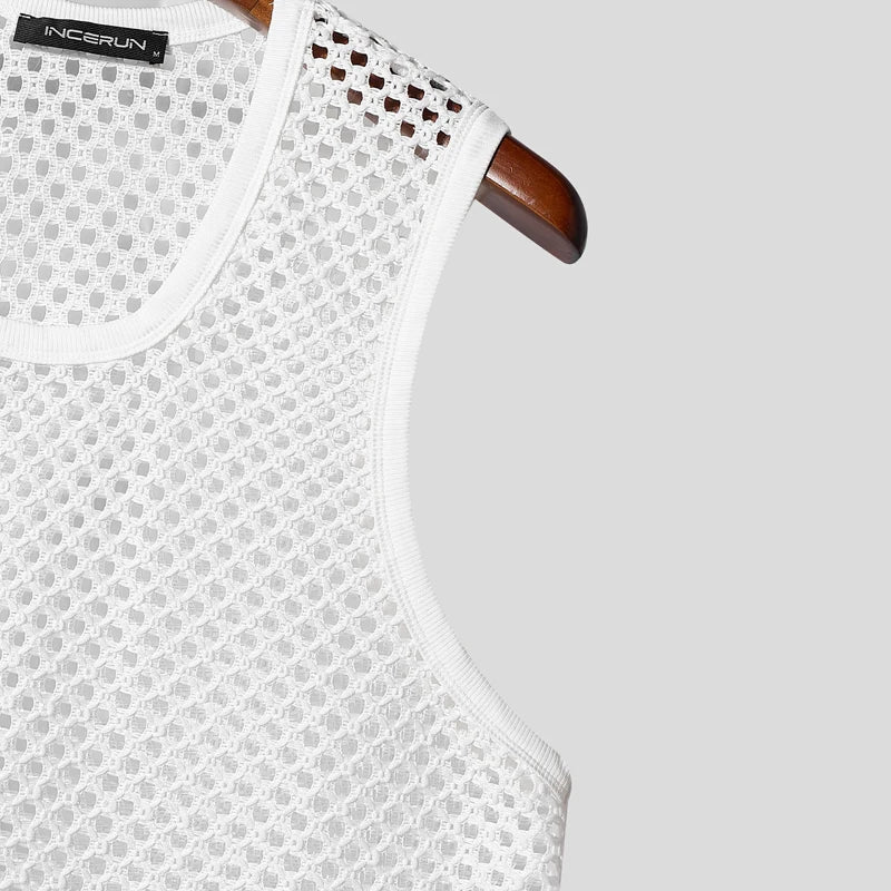 INCERUN Men Sets Solid Color Mesh Hollow Out See Through Tank Tops & Shorts 2PCS Summer Sexy Vacation Men Casual Suits 2025 5XL