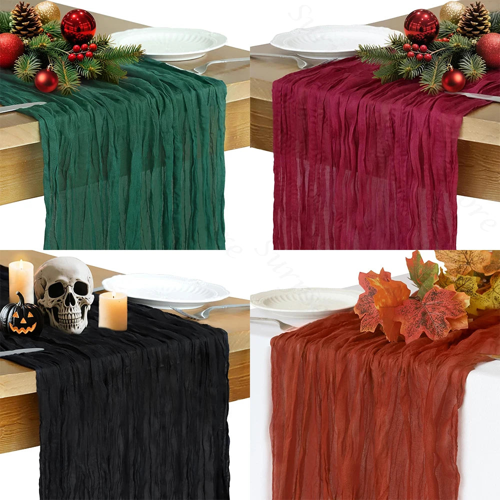 Christmas Green Red Burgundy Cheesecloth Table Runner Boho Rustic Gauze Terracotta Table Runner for Wedding Party Birthday Decor
