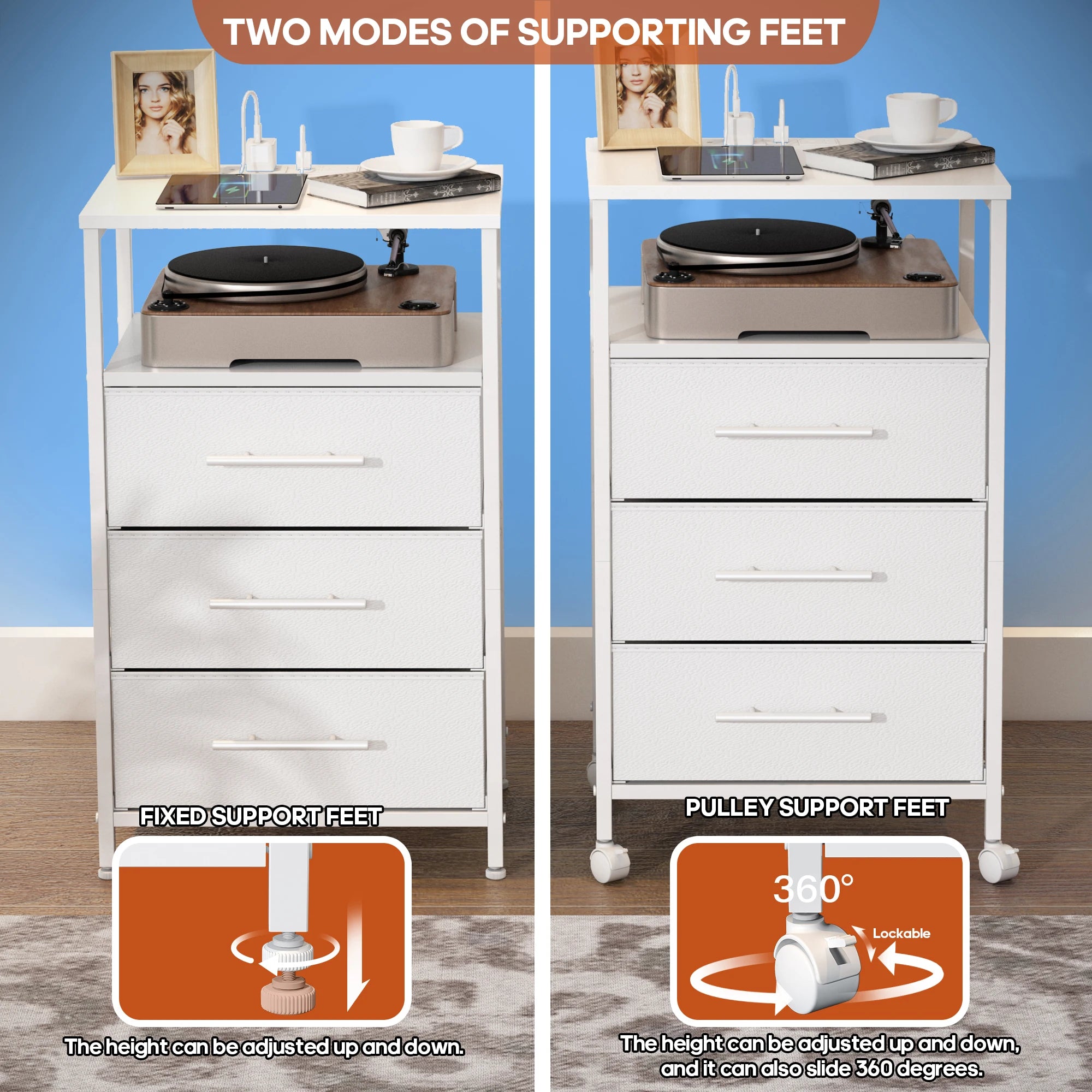 Table de chevet avec station de recharge, table de chevet avec 2 prises et 2 ports USB avec 4 roulettes