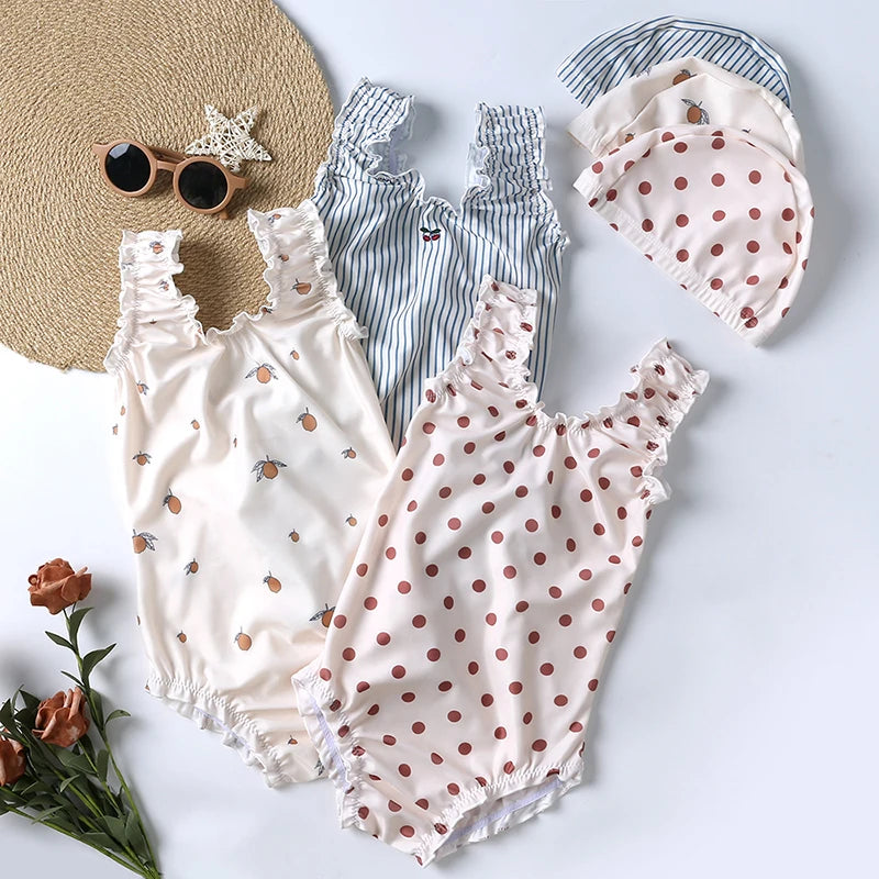 Summer Sun Protection Kids Girls Swimsuits+Hat Clothing Toddler Girl Swimwear Print Baby Bikini Split Swimsuit Vacation Swimming
