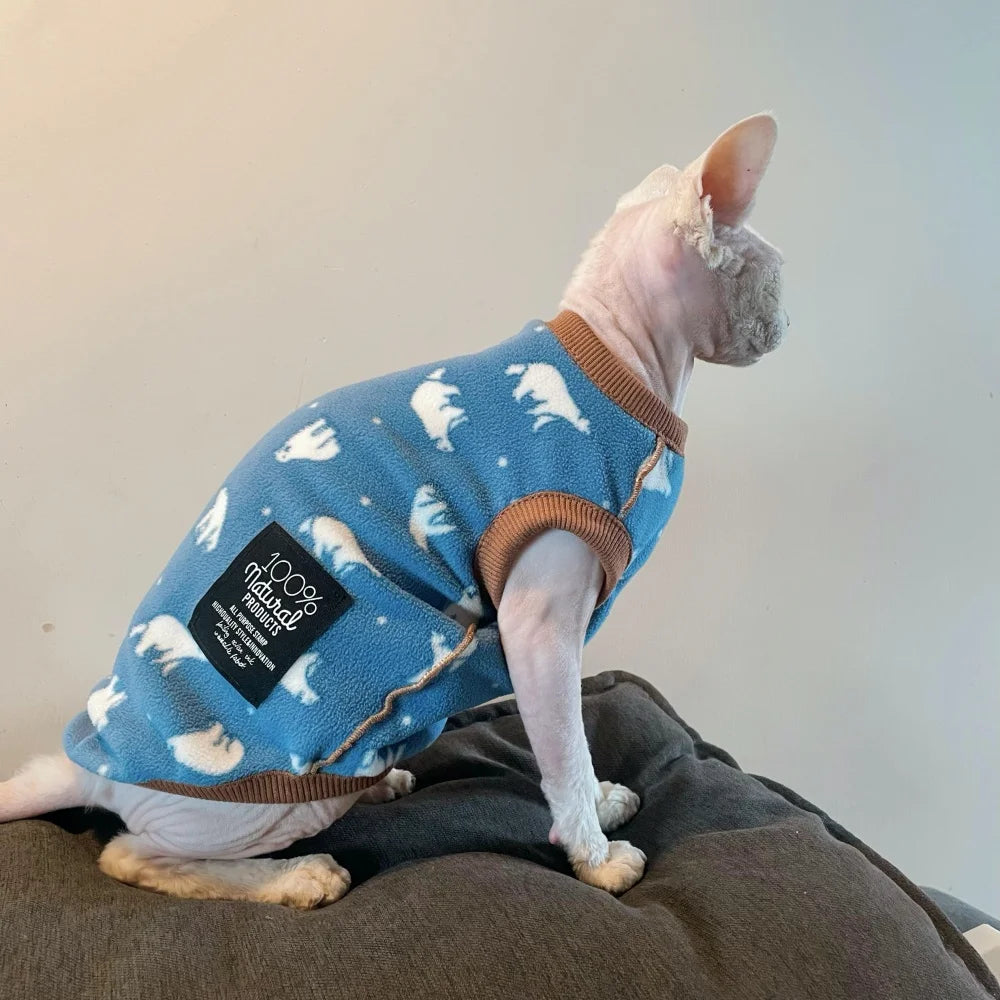Sky Blue Soft Fleece Sweater for Sphynx Cat Spring Sweet Short Sleeves Animal Print Jumpsuit for Devon Rex Winter Vest for Dogs