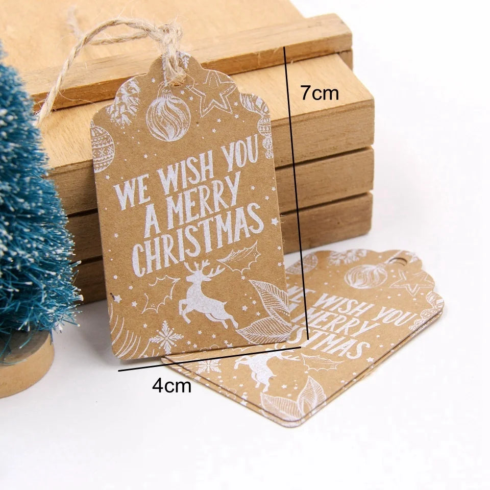 50PCS Christmas Kraft Paper Tags Handmade/Thank You DIY Crafts Hanging Tag With Rope for Christmas Gift Wrapping Supplies Favors