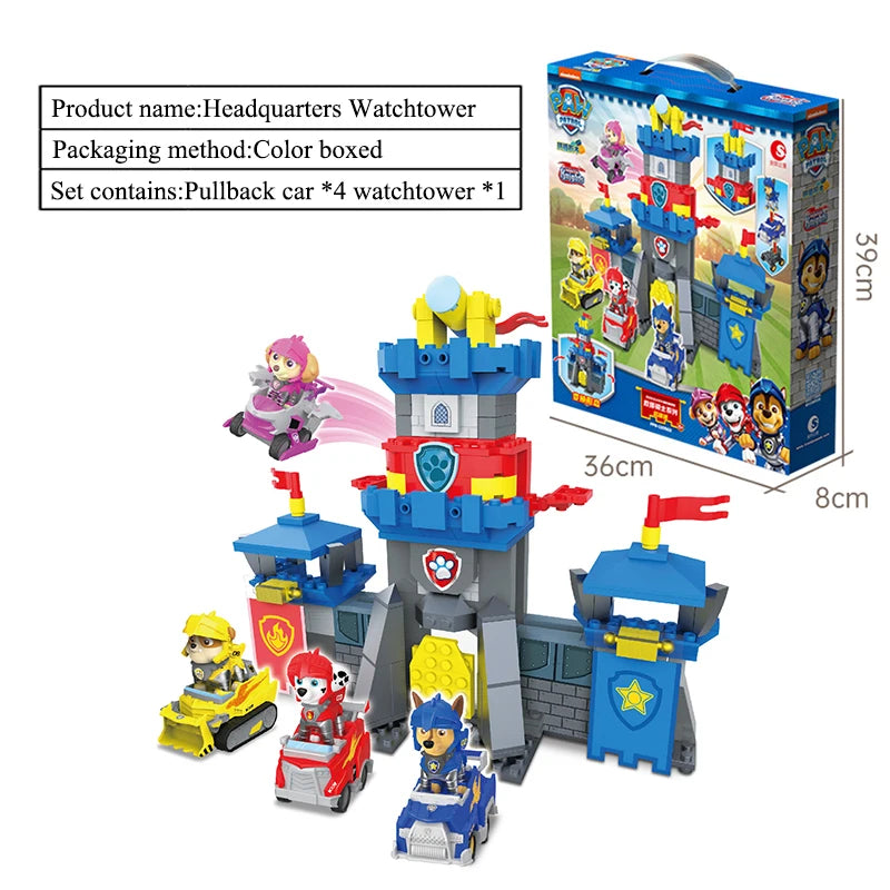 Paw Patrol Building Blocks Toys Rescue Knight Series Pullback Car Watchtower Rescue Base Command Center Lookout Tower Kids Gifts