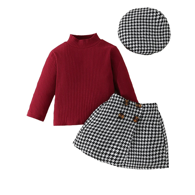 Toddler Baby Girls Skirt Set Toddler Ribbed High Neck Tops and Houndstooth Mini Skirt Hat Outfits Infant Autumn Suits