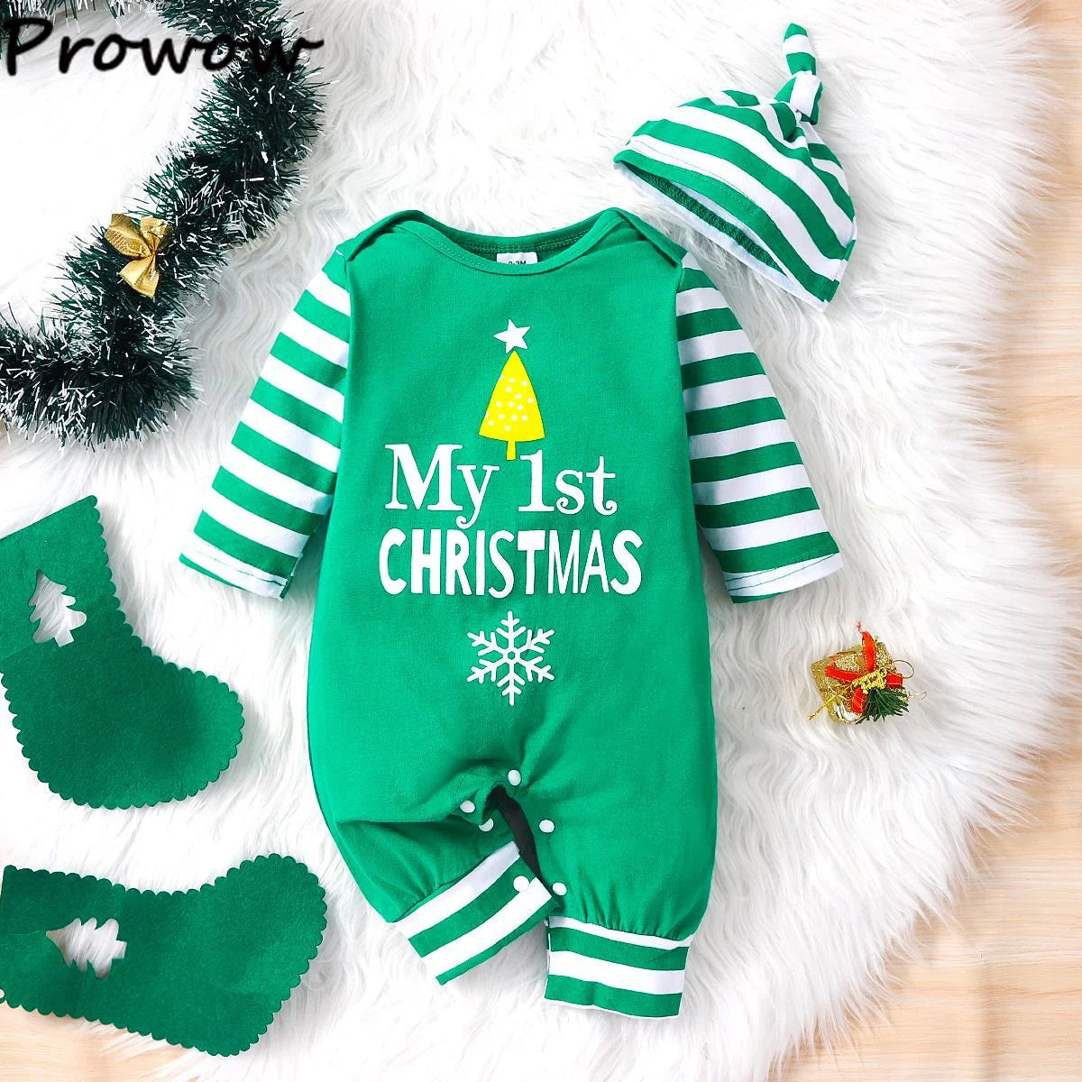 Prowow Baby Christmas Clothes 2025 Cartoon Pattern Green Romper Xmas Jumpsuit For Kids Newborn New Year Baby Costume Boy Girls