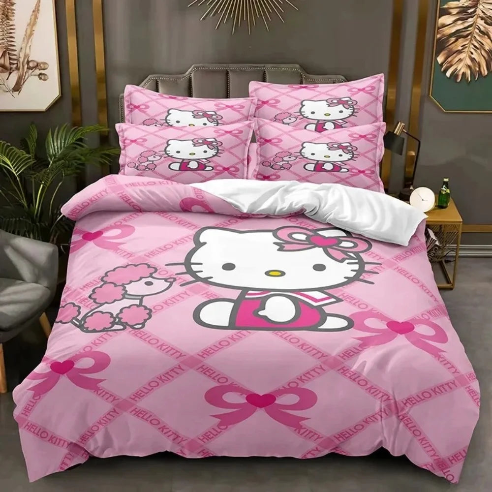 Sanrio Hello Kitty Cartoon Big Size Bedding Set Pink Cats Kawaii Duvet Cover For Girl Kids Single Decor Home Bedclothes Custom