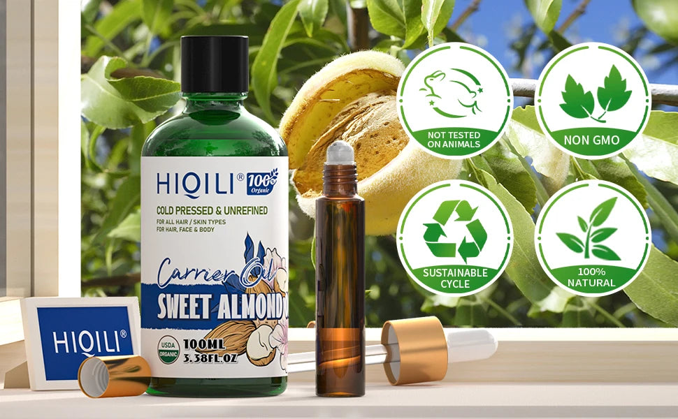 HIQILI 100ML Sweet Almond Oil ,Pure and Natural Carrier Oil for Hair, Skin, Body, Massage, Diluting Essential Oils