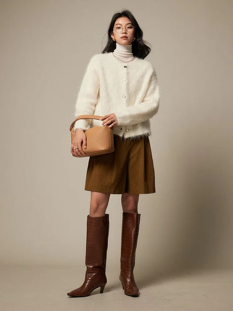 Winter Alpaca Wool Knitted Cardigan Women Soft Round Neck Single Breasted Loose Button Sweater Coat