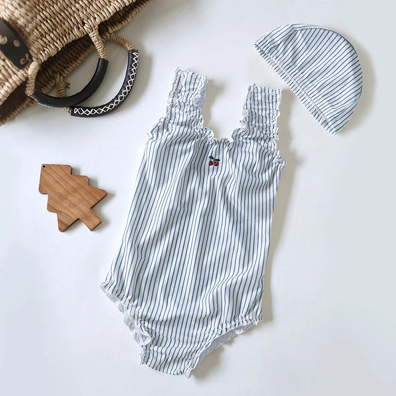 Summer Sun Protection Kids Girls Swimsuits+Hat Clothing Toddler Girl Swimwear Print Baby Bikini Split Swimsuit Vacation Swimming