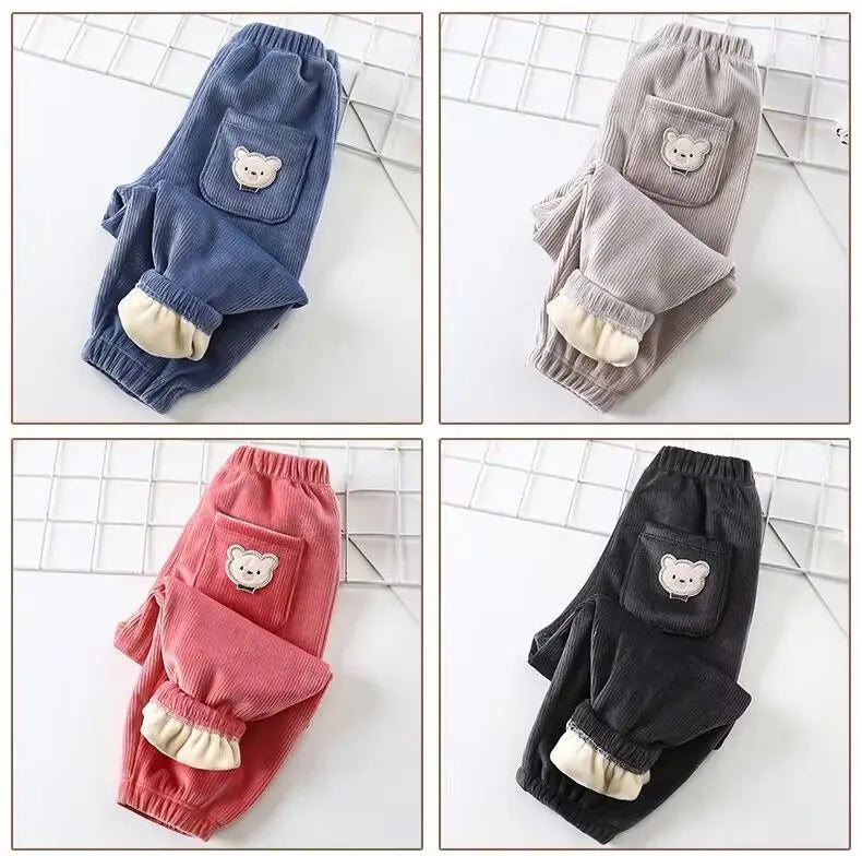 1pcs Boy Girl Winter Velvet Corduroy Kids Pants Little Bear Cartoon Mid Waist Warm Pantalones Baggy Thick Plush Children Trouser