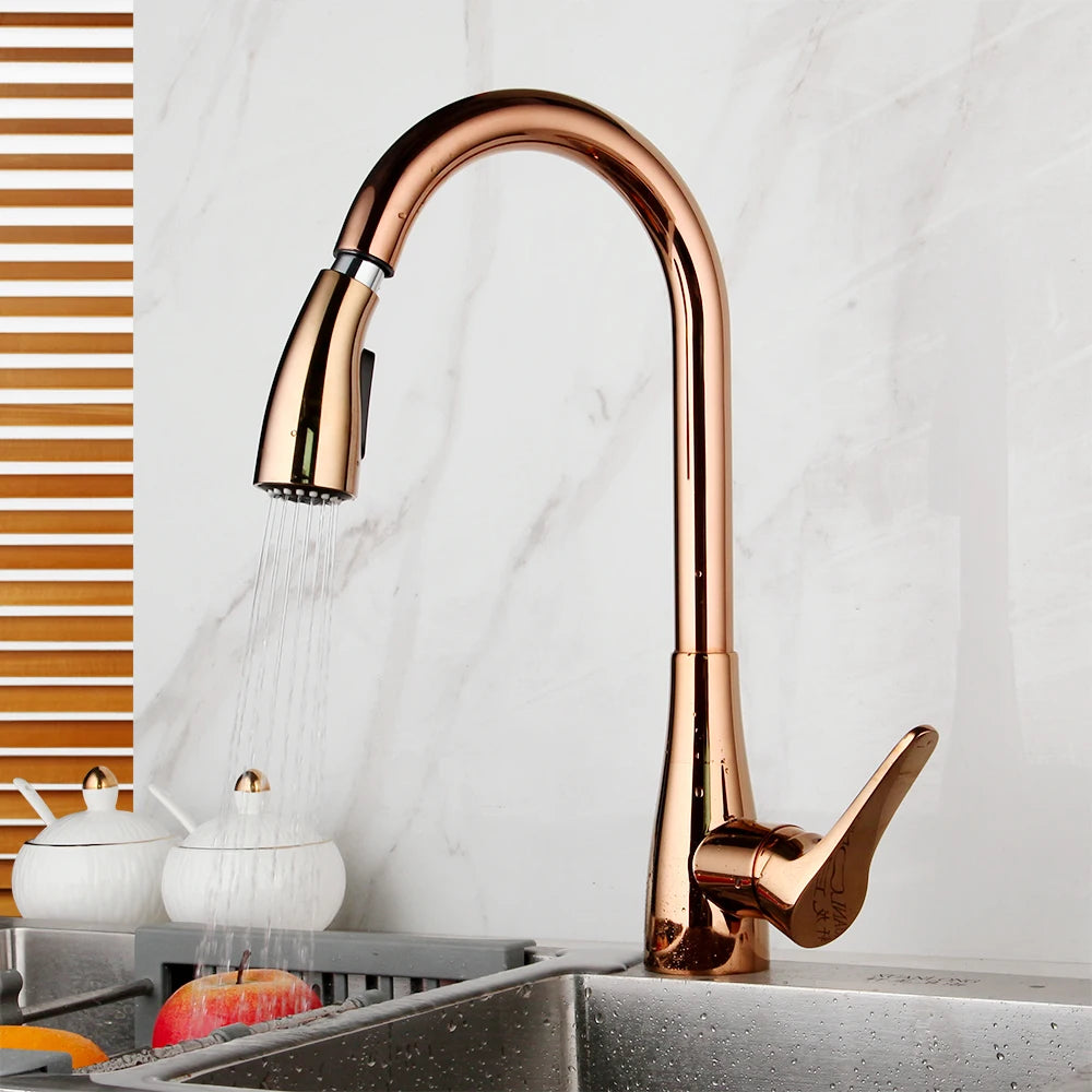 KEMAIDI Rose Gold Kitchen Sink Faucet Black Single Handle Pull Out Kitchen Tap Single Hole Taps 360 Swivel Hot Cold  Water Mixer