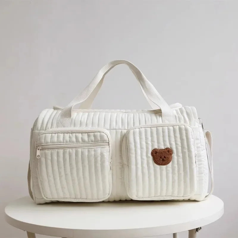 Baby Diaper Bag Cute Bear Flower Embroidery Pattern Mommy Bag Baby Beige Cotton Fabric Zipper Diaper Handbag New Luggage Bag