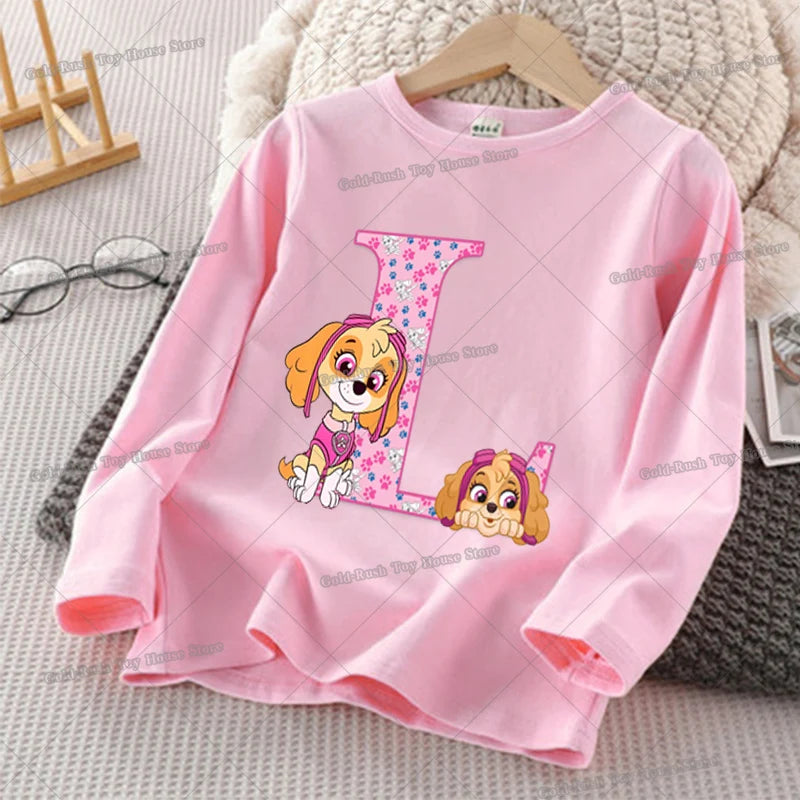 Paw Patrols Skye Letter A-Z T-shirt for Girl Long Sleeve Cotton Tops Cute Cartoon Print Children Tee Autumn Casual Kids Clothes