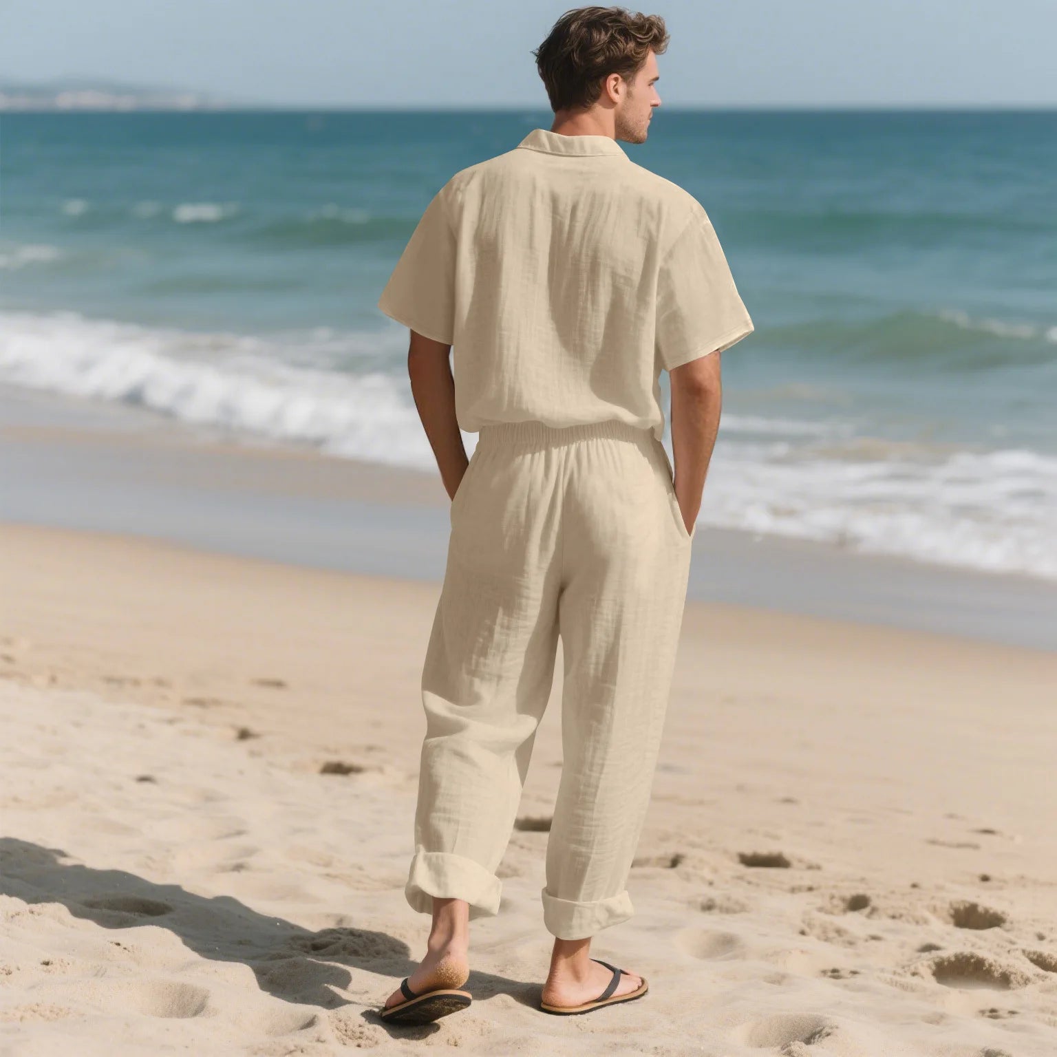 American Summer Men's Linen Casual Set Short-Sleeved Shirt And Long Pants 2-Piece Comfortable Loose Fit for Men