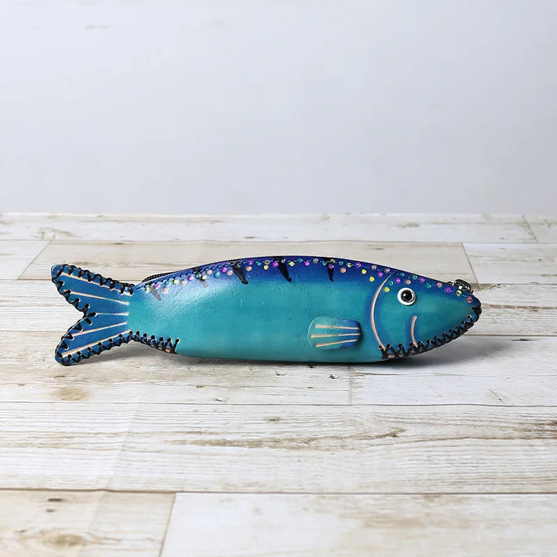 Head Layer Cowhide Creative Pencil Case Salted Fish Flip Storage Bag Personalized Fish Zero Wallet Storage Gift Giving Work Gift