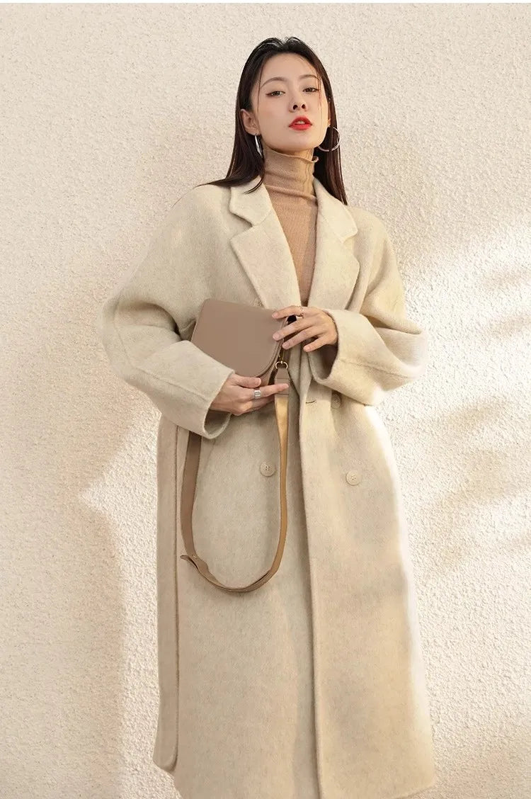 High Grade Gray Double-Sided Cashmere Coat For Women In Autumn And Winter With Hand Sewn Lapel And Double Breasted Long Coat