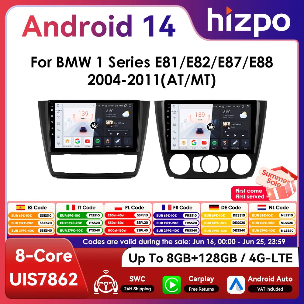 Hizpo 9inch 2Din Android13 Car Radio for BMW 1 Series E81 E82 E87 E88 AT MT Navigation GPS RDS DSP Android Auto CarPlay 360° CAM