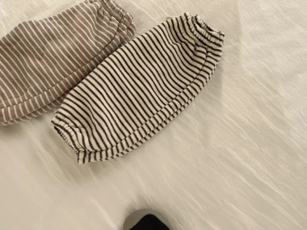 Autumn Winter Ins Infant Striped Plus Velvet Trousers Boy Baby Retro Fleece Thick Casual Pants Girl Children Warm Cotton Pants