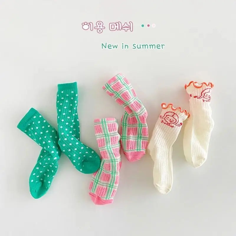 3PCS/Set Girls' Socks Korean Children's Cotton Mesh Mid Tube Socks 2-12Y Baby Girls Kids Versatile Thin Breathable Trendy Socks