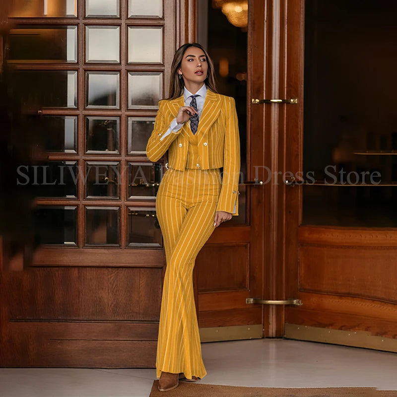 Smart Casual Women 3 Piece Set Stripes Jacket Pants Vest Stylish OfficeFemale Suit Trajes De Mujer Elegante