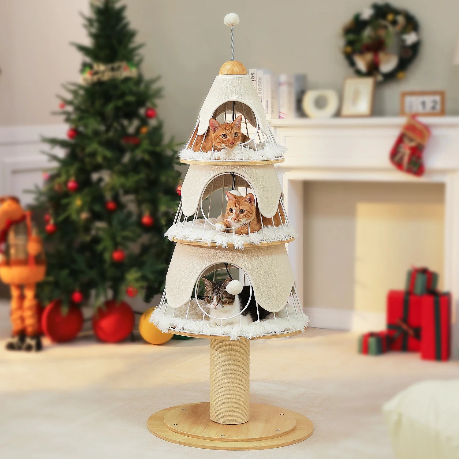 Christmas Cat Tree Tower with 3 Cozy Condos &amp; Pompoms Multi-Level Cat House Bed for Indoor Cats Modern Cat Furniture Cat Toys
