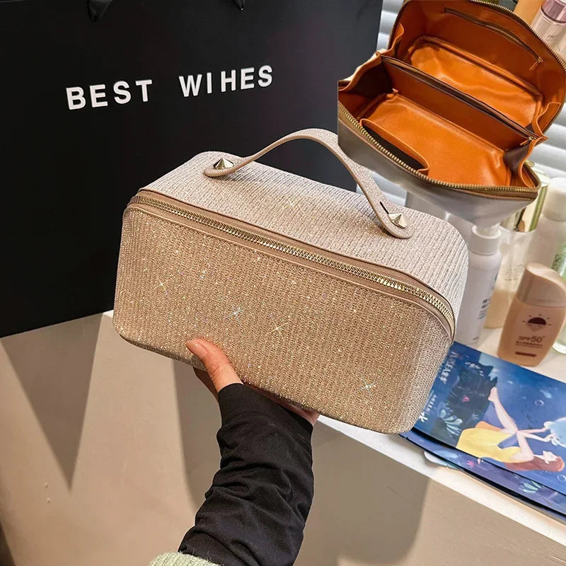 Sac à cosmétiques, grande capacité, design à paillettes fines, sac de toilette léger et pratique