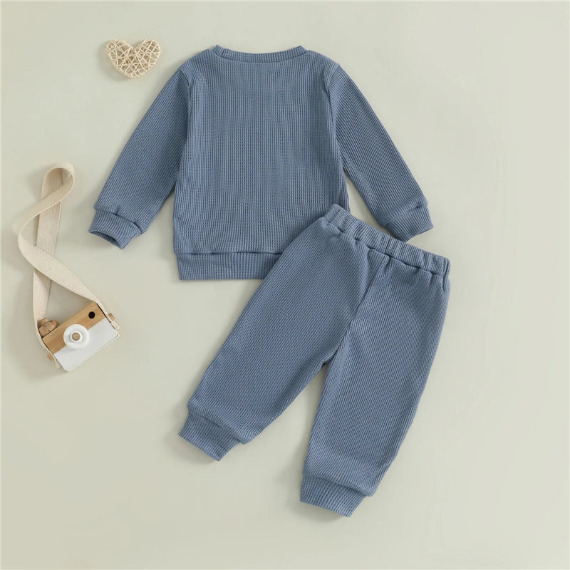 Toddler Baby Boy Fall Tracksuit Outfit Letter Embroidery Crew Neck Long Sleeve Sweatshirt Tops with Pants 2 Pcs Set