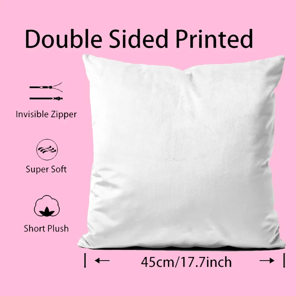 غطاء وسادة جميل مضاد للغبار بسحاب غير مرئي، غطاء وسادة أريكة قصير من القطيفة الحريرية، مطبوع عليه صورة بوبو ودودو الكرتونية