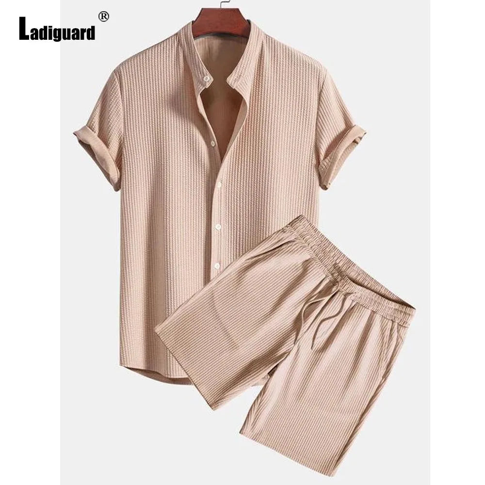 Men Casual Knitted Two Piece Sets 2024 Europe Style Mandarin Collar Blouse and Solid Basic Shorts Suit Male Beach Tracksuits Set