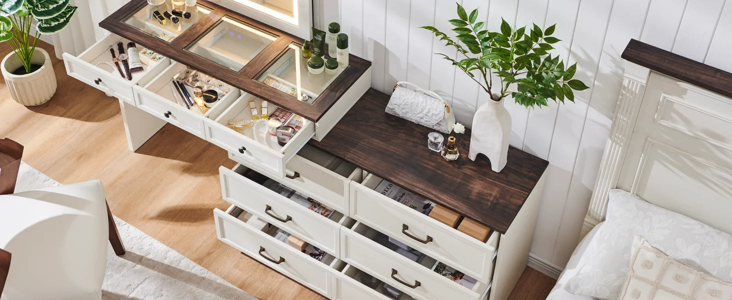 Rustic wood bedroom dresser, 69" wide, with glass top, 9 large storage drawers, 3 usable color lights and 30" HD LED mirror