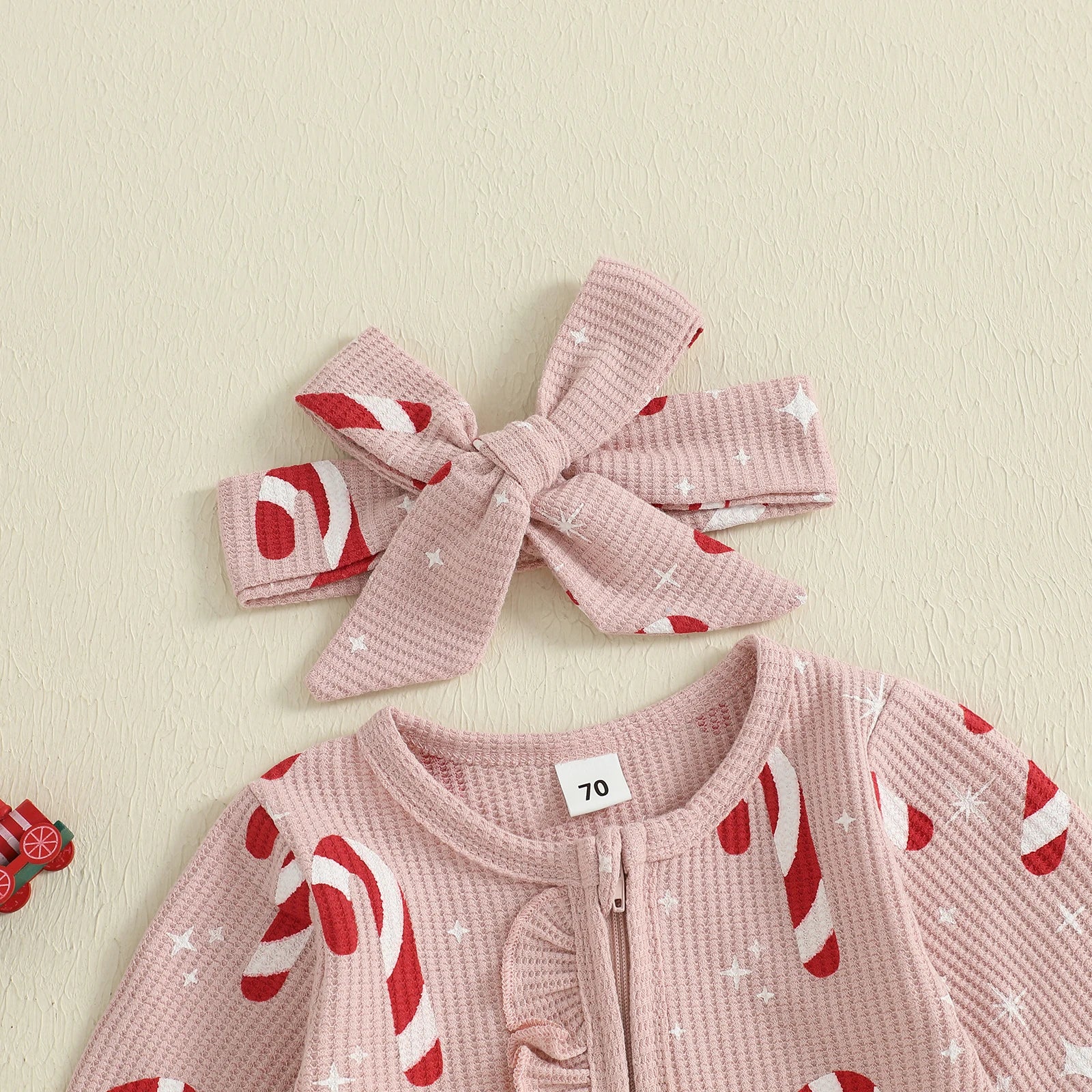 Newborn Baby Girls Christmas Oblique Zipper Rompers Long Sleeve O Neck Candy Cane/Gingerbread Print Jumpsuits with Headband