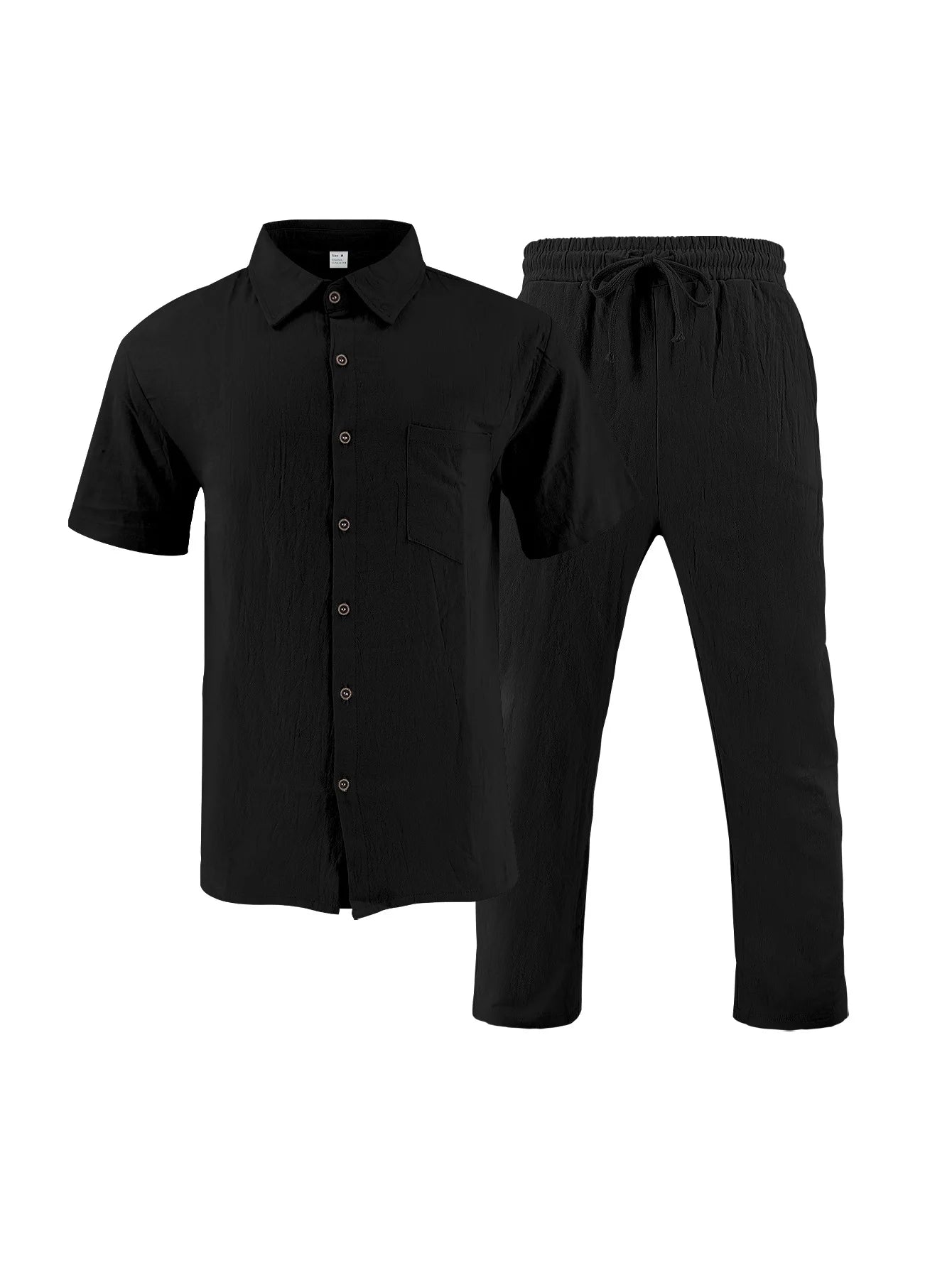 American Summer Men's Linen Casual Set Short-Sleeved Shirt And Long Pants 2-Piece Comfortable Loose Fit for Men