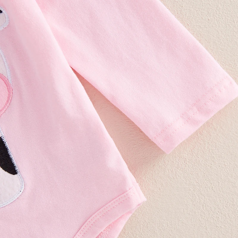 Baby Girl Fall Outfits Cow Embroidery Long Sleeve Romper Long Pants Headband 3Pcs Clothes Set