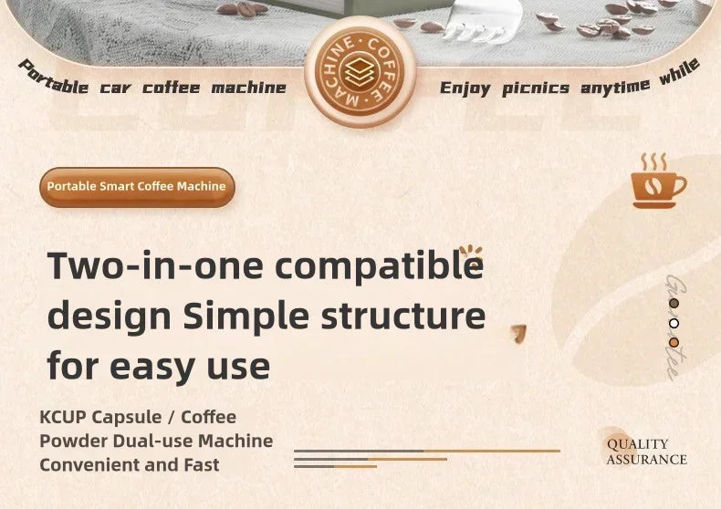 Portable electric coffee machine is suitable for ground coffee and KCUP capsules, but it does not have a heating function