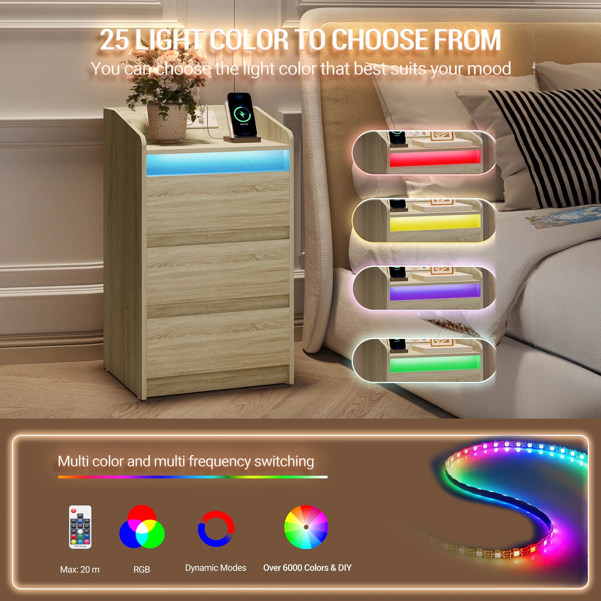 Hzuaneri Table de chevet avec 3 tiroirs, table d'appoint avec station de recharge et LED, 2 prises CA et 2 ports USB pour le salon