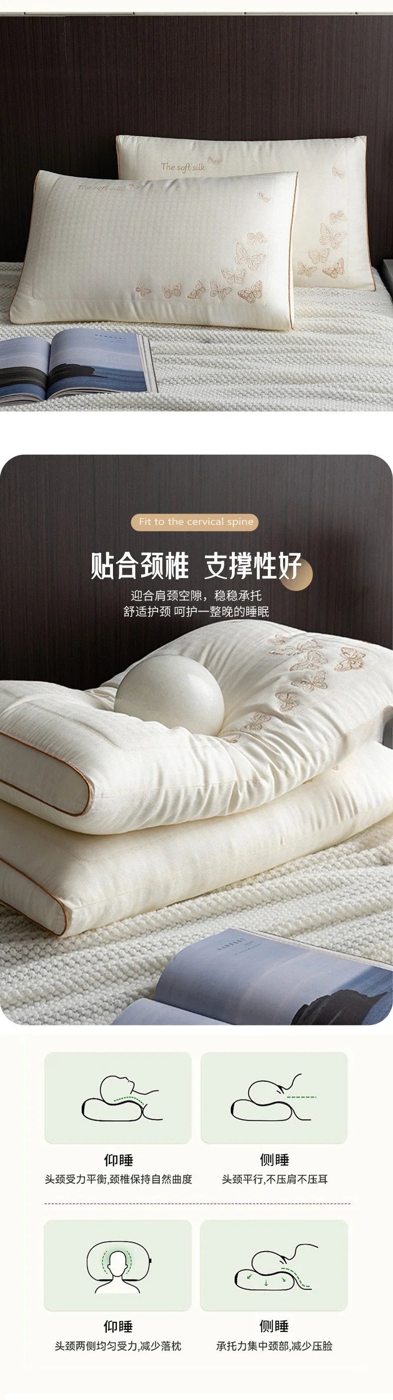 2025 new silkworm chrysalis protein butterfly silk pillow 48x74cm one pack/pair household breathable silk pillow