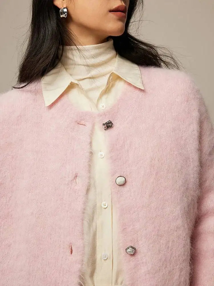 Winter Alpaca Wool Knitted Cardigan Women Soft Round Neck Single Breasted Loose Button Sweater Coat